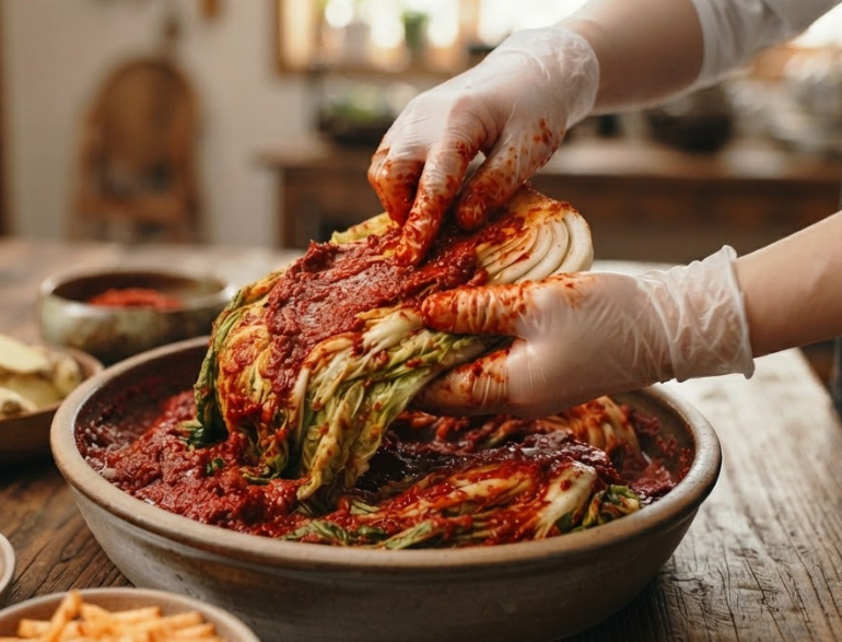 손으로 잎 사이사이 양념을 넣는 모습